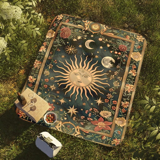 Celestial Sun and Moon Blanket | Whimsical Starry Night Floral Tapestry, Cosmic Decor, Ethereal Boho Throw, Mystical Sunflower B