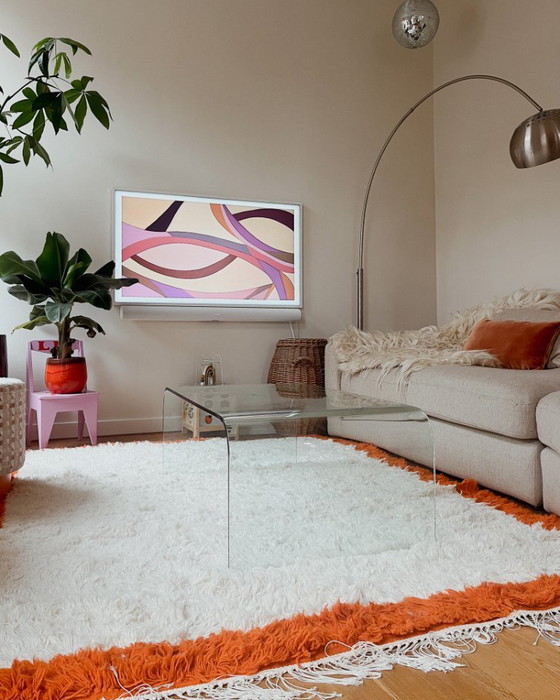 Image 1 of Handgeknüpfter Berberteppich, Hochflor, orange-weiß