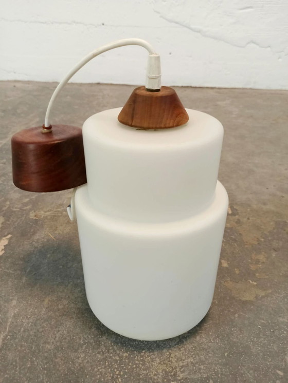 Vintage opaline glass and wood pendant lamp, Brown (photo 4 of 14)