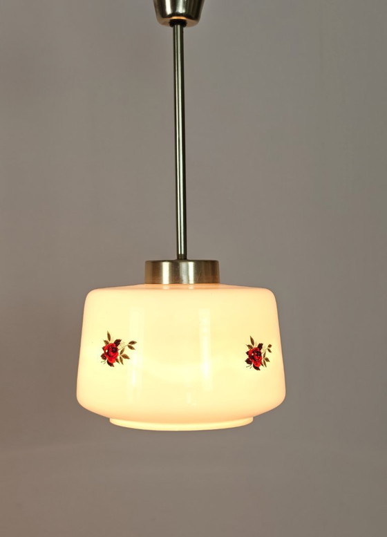 Vintage Pink Glass Pendant Light with Rose Floral Pattern & Brass Details, Pendant lamps, Metal (photo 9 of 9)