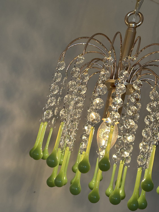 Image 1 of 6 Pieces Vintage Opaline Green Crystal Teardrop Chandeliers