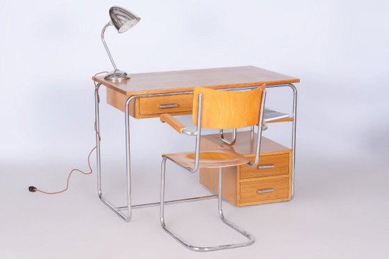 Escritorio Bauhaus restaurado, roble, acero cromado, Alemania, década de 1930. – Metal, Wood (photo 11 of 16)