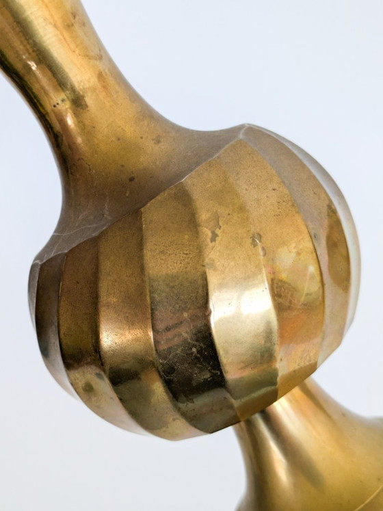 Vintage Solid Brass Trumpet-Shaped Pedestal Vase With Ribbed And Swirl Details (photo 7 of 15)