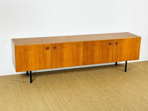 Minimalist Scandinavian sideboard in teak with black metal legs, 1960