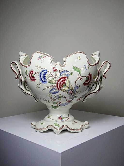 Grand centre de table, ancienne faïence polychrome Gien, Longchamp ou Rouen