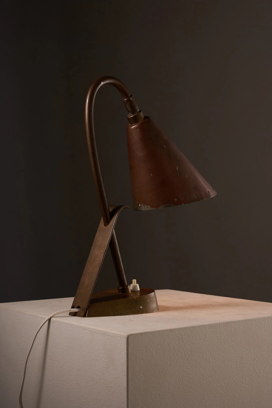 Lampe de table moderniste en cuivre et laiton, France, Mid Century Modern (photo 8 sur 11)