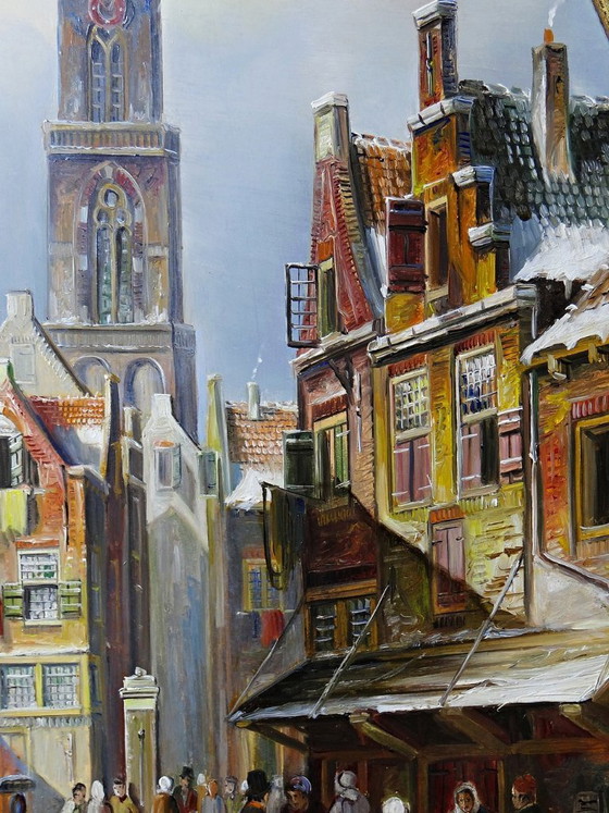 Image 1 of Large framed urban scene oil painting on wood by John Haanstra, vintage