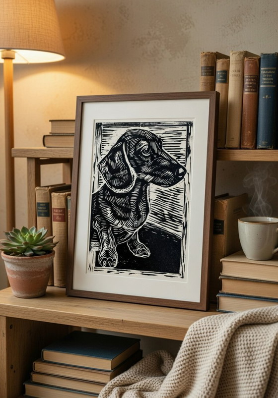 Image 1 of Estampe linogravure artisanale Teckel A4 – Décoration murale linogravure chien
