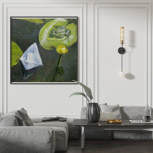 Origineel olieverfschilderij, moderne kunst, symboliek, waterlelie, kikker, een ontmoeting (photo 2 of 7)