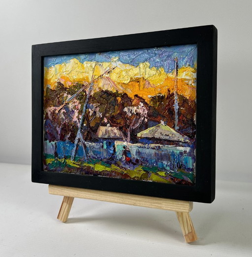 Original Oil Painting Autumn Village Landscape Shadows of еvening