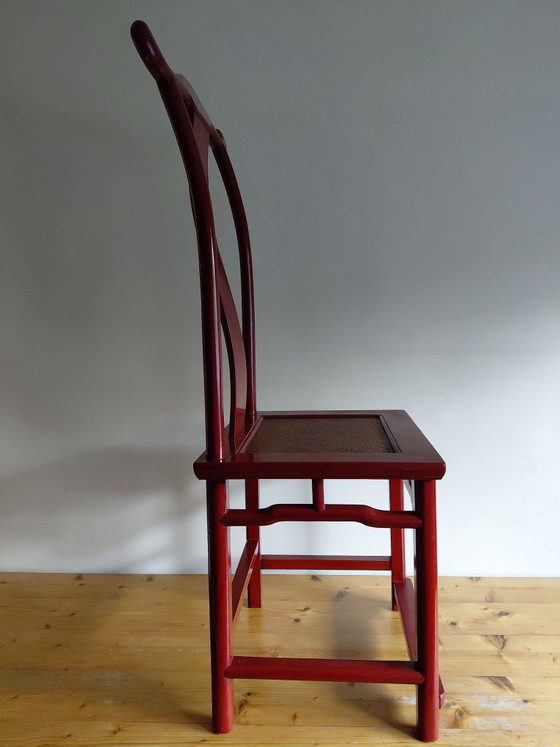 Set di 6 sedie asiatiche stile Ming laccate rosse, Sedie da pranzo, Rattan, Legno, Rosso (foto 2 di 10)