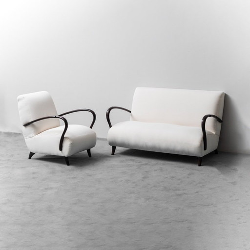ENSEMBLE CANAPÉ ET FAUTEUIL EN TISSU MODERNE DES ANNÉES 1970 EN BOIS BLANC