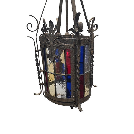 Image 1 of Farol de salón francés antiguo con vidrieras, finales del siglo XIX.