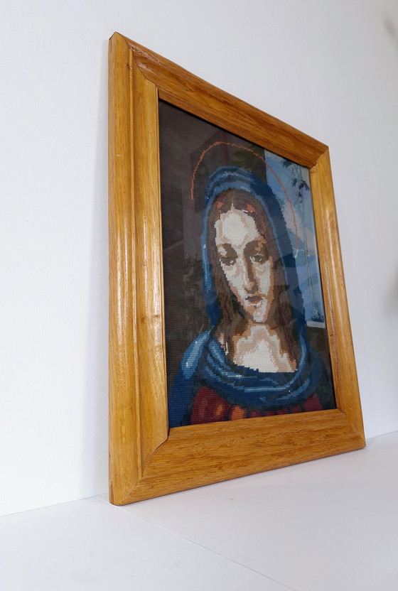 Image 1 of Ricamo a punto croce vintage fatto a mano, arazzo da parete in gobelin, Vergine Maria, Signora di Lourdes, icone cattoliche, cor
