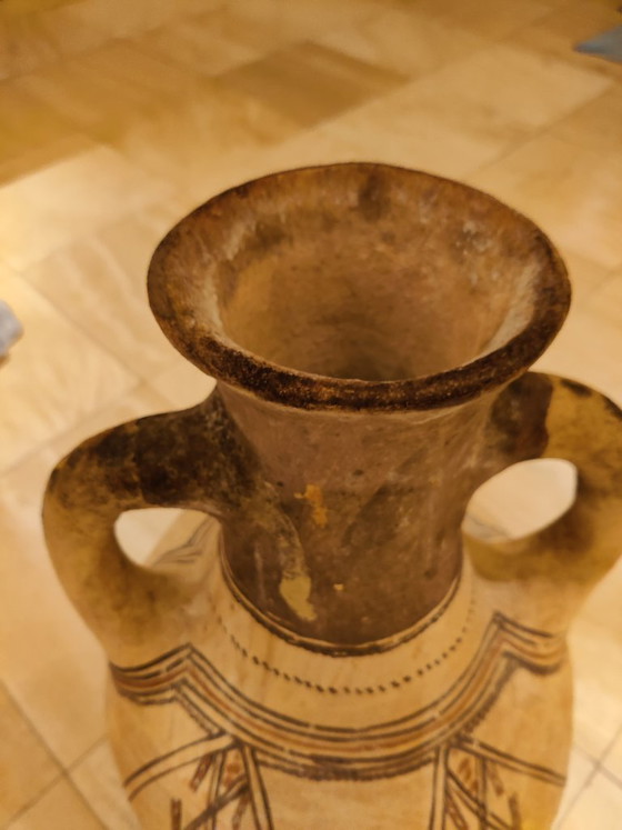 Image 1 of Marokkaanse aardenwerken pot met handvaten, beige bruin met versierselen