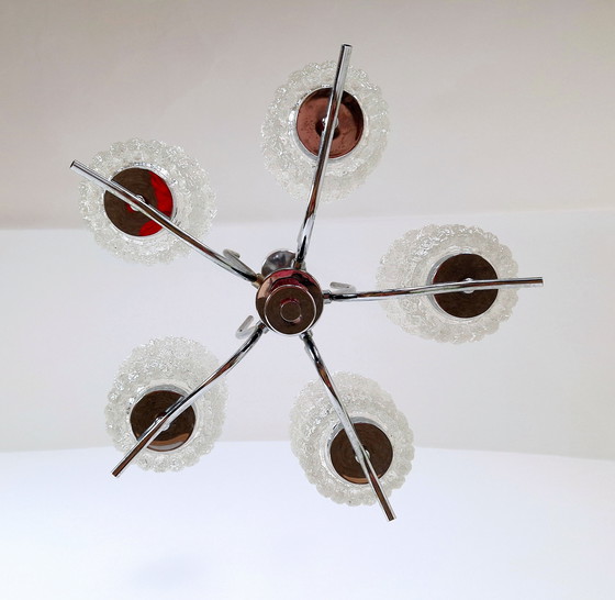 Image 1 of Vintage Pendant Crystal Light, Mid-Century Chandelier, Emi Poljcane with Five Crystal Lampshades