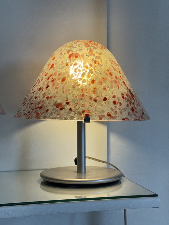 Pair of Mushroom Lamps AV Mazzega Murano 1970s Vintage Spotted Red Lampshade – Table lamps, Murano Glass (photo 8 of 11)