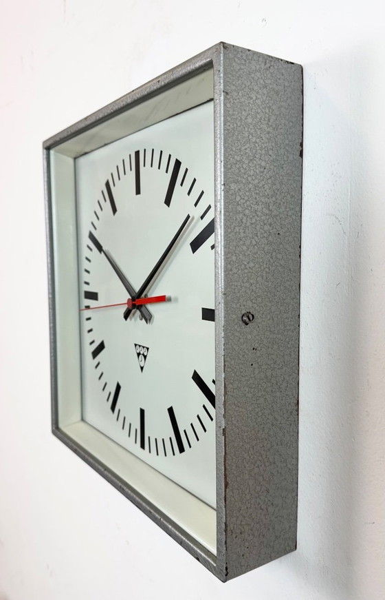 Image 1 of Grey Industrial Square Wall Clock from Pragotron, 1970s