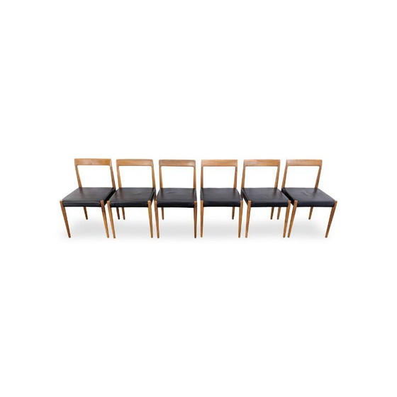 Ensemble original de 6 chaises Midcentury Lübke Noyer Cuir Vintage, Fauteuils d'appoint, Bois, Noir (photo 2 sur 10)