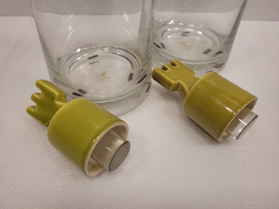 Image 1 of Paire de carafes ou vases en cristal, céramique vernissée, Maison Les Héritiers pour Roche Bobois