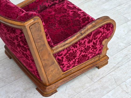 Image 1 of Anni '50, poltrona relax danese, velluto rosso per mobili, legno di quercia.