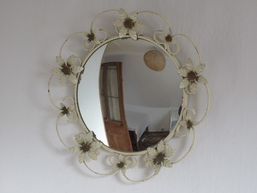White metal framed floral design convex round wall mirror