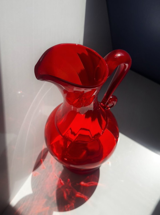 Image 1 of Polish Glass Carafe Ruby Glass Mid Century Szkła Ząbkowice Sodium Glass Ludwik Fiedorowicz 80s 70s Orange Red
