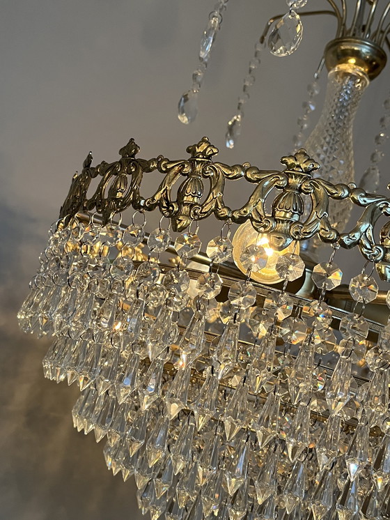 Image 1 of Vintage Crystal Chandelier Pendant Lamp Bronze Gold Frame