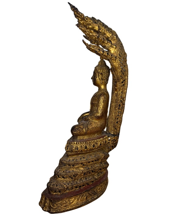 Thai Bronze Naga Buddha – Gilded – Rattanakosin Style Temple Statue – Sculpture (photo 7 of 10)