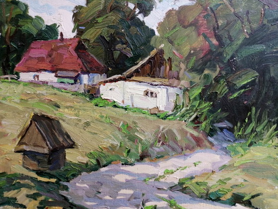 Peinture à l'huile originale Paysage rural Vie de village d'été Campagne Au-delà du puits (photo 4 of 11)