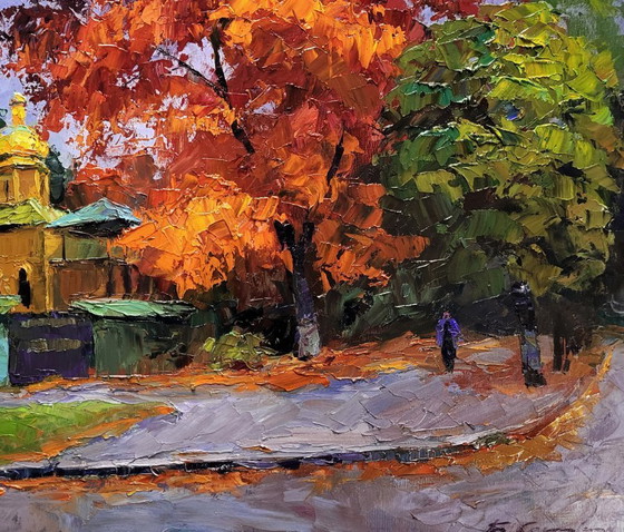 Image 1 of Original Oil Painting Cityscape Autumn Church October in the City