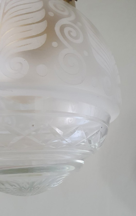 Vintage Bollamp / Hanglamp - Geslepen Glas (Ge-etst) Met Frosted Decoratie – Hanglampen, Metal (photo 13 of 15)