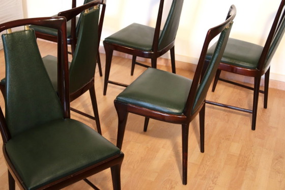 Image 1 of Set of 6 mid-century chairs by Osvaldo Borsani, Atelier Borsani Varedo, mahogany, rosewood, leather, and brass, Italy, 1950s
