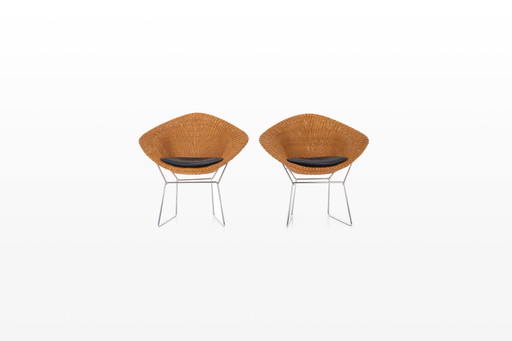 Ensemble de 2 chaises longues en osier et chrome, années 1970