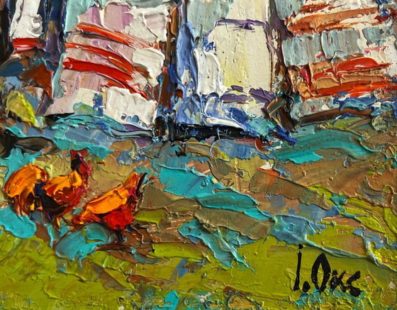 Image 1 of Original Oil Painting Summer House Landscape Village courtyard