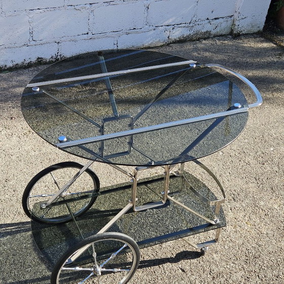 Image 1 of French Mid-Century Smoked Glass and Chrome Bar Trolley-Drop Leaf Bar Cart-Vintage Two Tier Dessert-Bar Trolley-60s