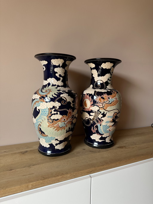 Unique Set of Chinese Ceramic XL Vases - Dragon Design
