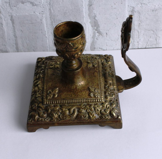 Image 1 of Antique bronze candlestick, Art Nouveau style, with lily decoration