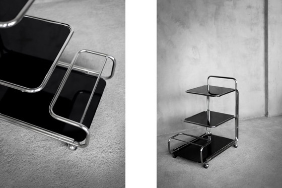 Image 1 of Vintage Mid-Century German Modern Bauhaus Chrome & Glass Serving Trolley or Bar Cart, 1960s