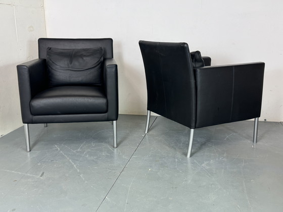 Image 1 of  Modernist German Black Leather and Steel Lounge Chairs from Walter Knoll / Wilhelm Knoll, 2000s, Set of 2