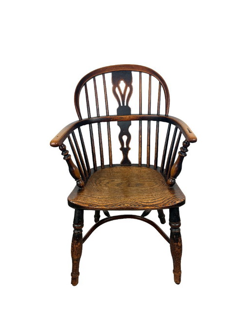 Antique English Oak Windsor Armchair – Bayeux Tapestry Cushion – fauteuils, Textile, Wood