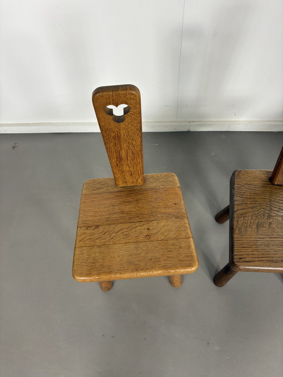 Image 1 of 3 x Mid-Century Mini Pierre Chapo Style Solid Oak Chairs1960s Modernist Brutalist 