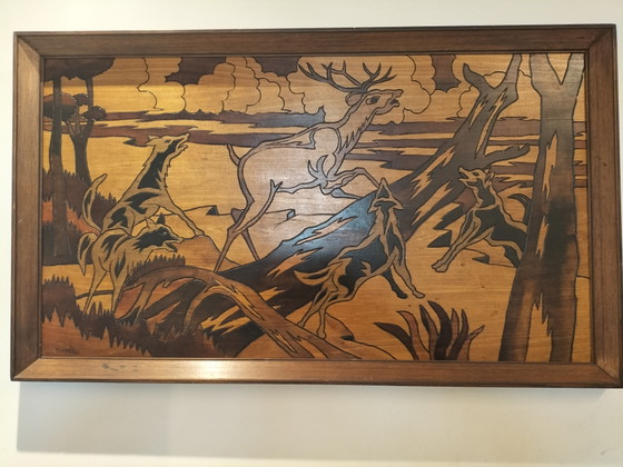 Image 1 of Tableau mural vintage en bois style milieu du siècle par Michelli – Grand panneau représentant une scène de chasse