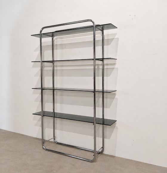 Scaffali a muro vintage cromati con vetro fumé – Anni '70 – Space Age – Glass (photo 9 of 9)