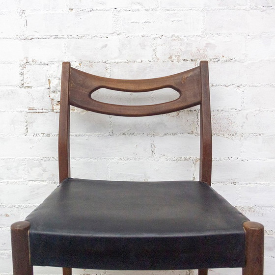 Image 1 of Teakhouten en zwart lederen stoelen, jaren 1950, set van 6