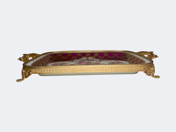Image 1 of French Limoges Porcelain and Gilt Bronze Perfume Tray - Vintage Floral Vide Poche Handpainted Orleans Decor 