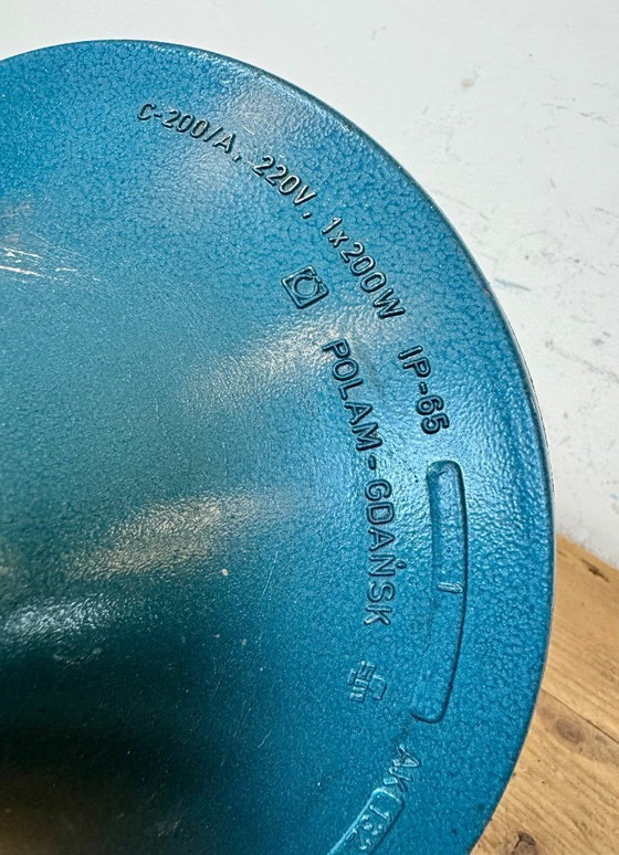 Image 1 of Blauwe industriële bunkerkooilamp van Polam Gdansk, jaren 70