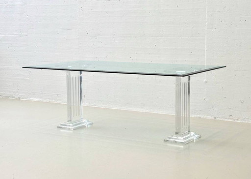 Glass table with column legs made of acrylic glass by FABIANART from Italy, Rome 1980s