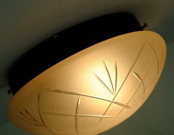 Image 1 of small CEILING FIXTURE or sconce 70s etched glass geometric pattern