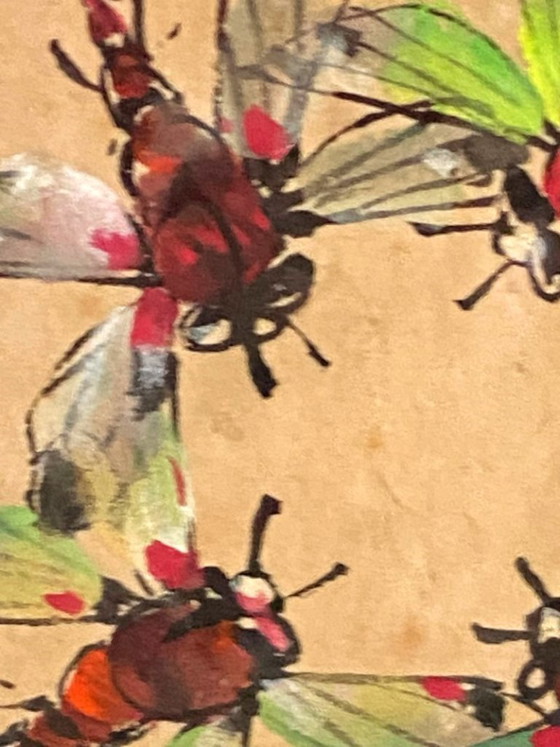 Image 1 of Dessin Aquarelle Polychrome Libellules Akitsu Dragonfly Japon 1950 Art Encadré